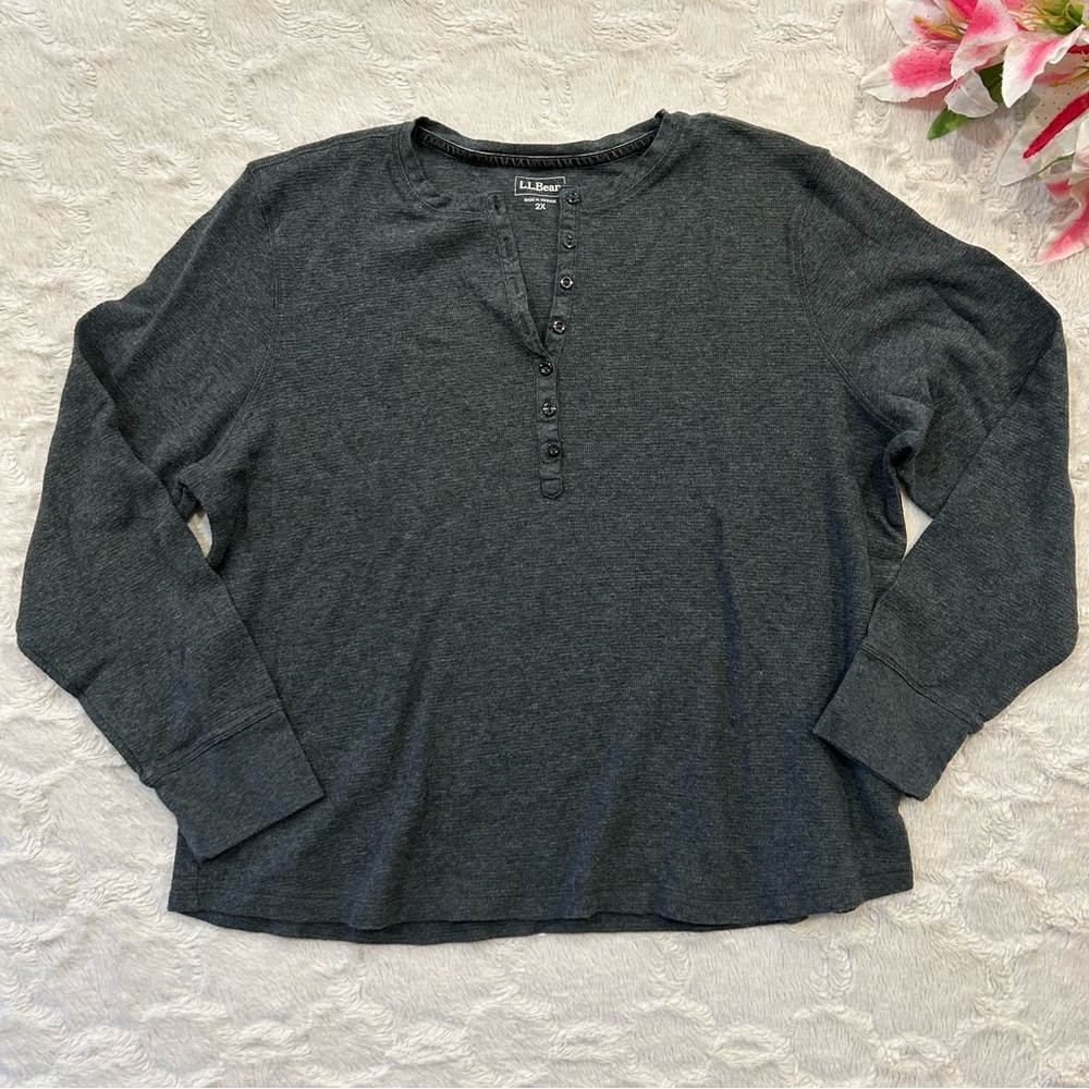 L.L. Bean - Gray Textured Henley Button Detail Long Sleeve Shirt - 2X